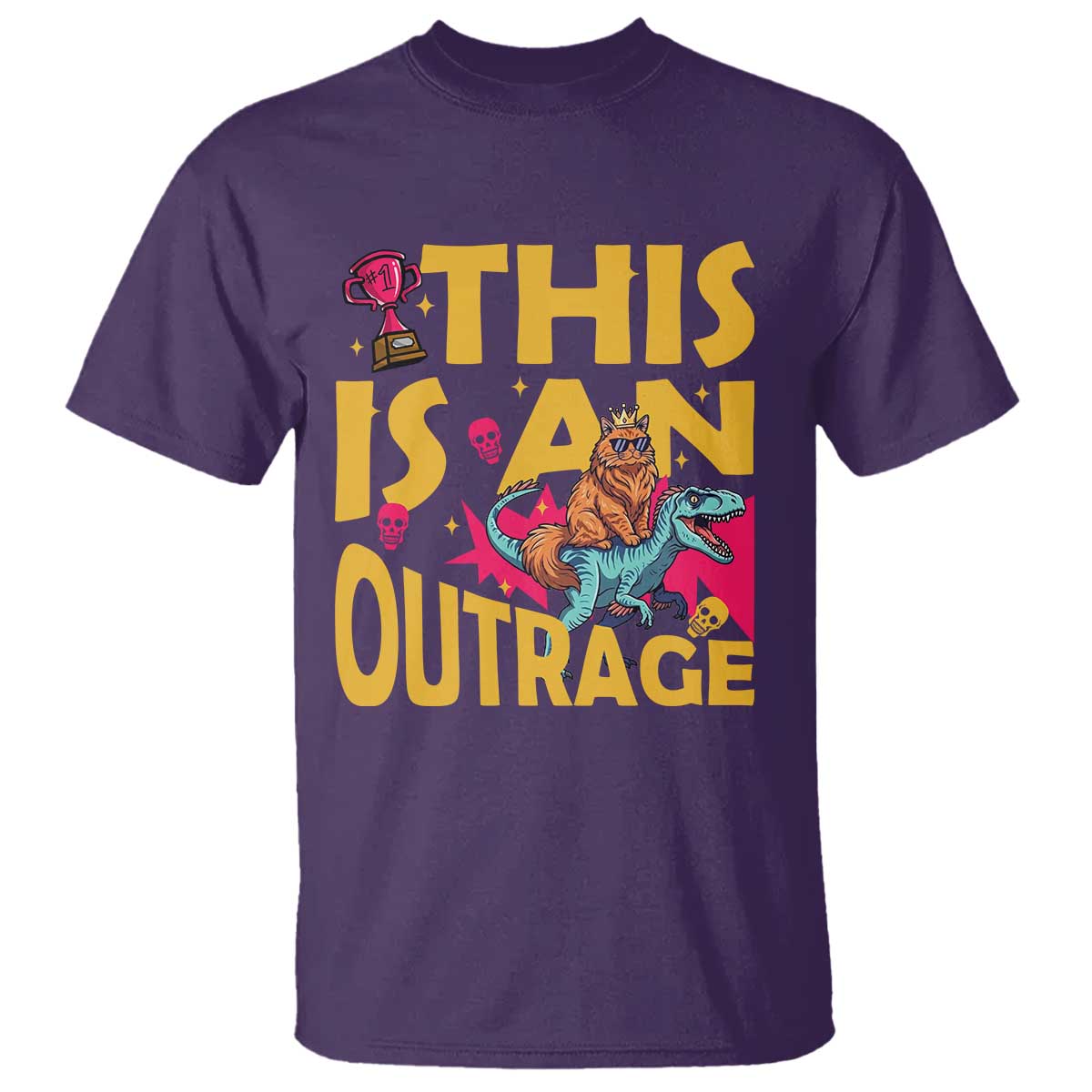 This Is An Outrage Sassy Cat Riding Raptor Dinosaur T Shirt Retro Pop Art Graphic