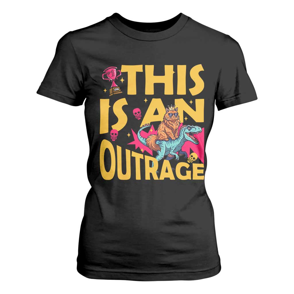 This Is An Outrage Sassy Cat Riding Raptor Dinosaur T Shirt For Women Retro Pop Art Graphic