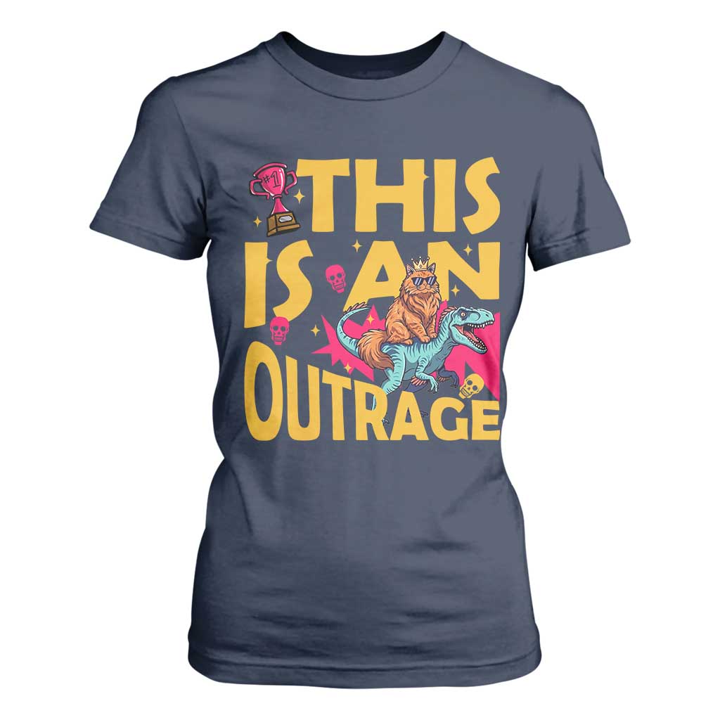 This Is An Outrage Sassy Cat Riding Raptor Dinosaur T Shirt For Women Retro Pop Art Graphic