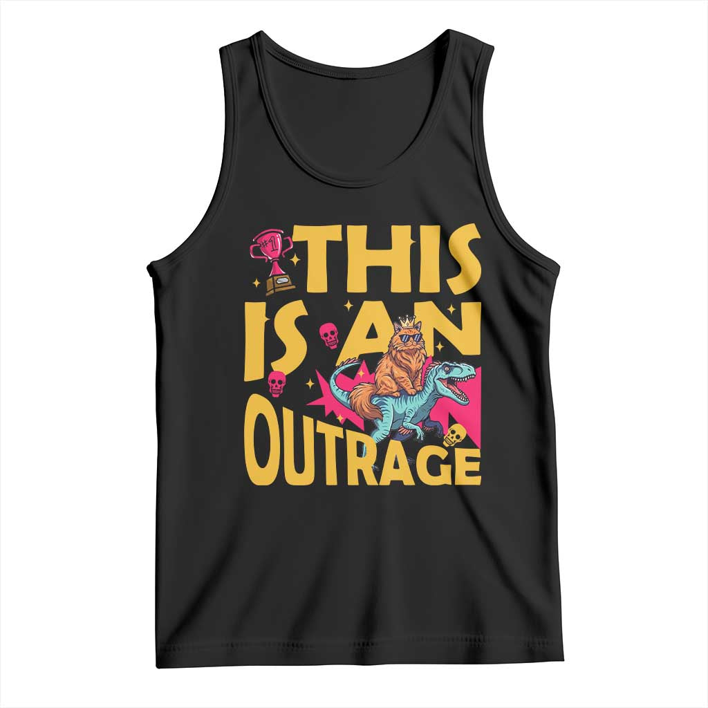 This Is An Outrage Sassy Cat Riding Raptor Dinosaur Tank Top Retro Pop Art Graphic