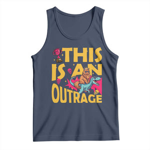 This Is An Outrage Sassy Cat Riding Raptor Dinosaur Tank Top Retro Pop Art Graphic