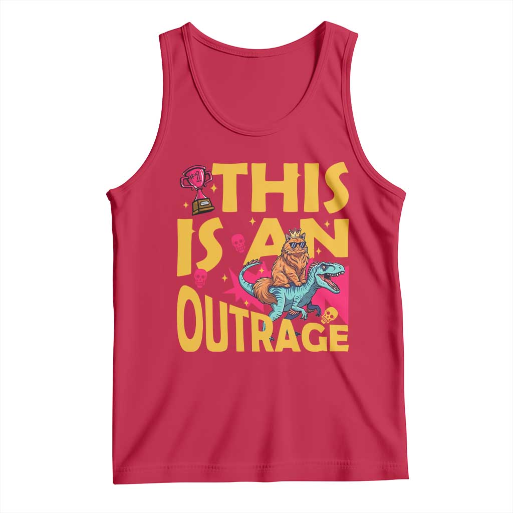 This Is An Outrage Sassy Cat Riding Raptor Dinosaur Tank Top Retro Pop Art Graphic