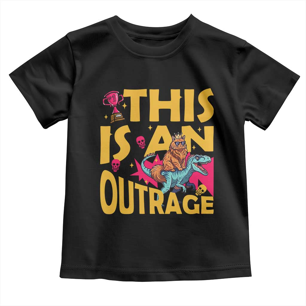 This Is An Outrage Sassy Cat Riding Raptor Dinosaur Toddler T Shirt Retro Pop Art Graphic