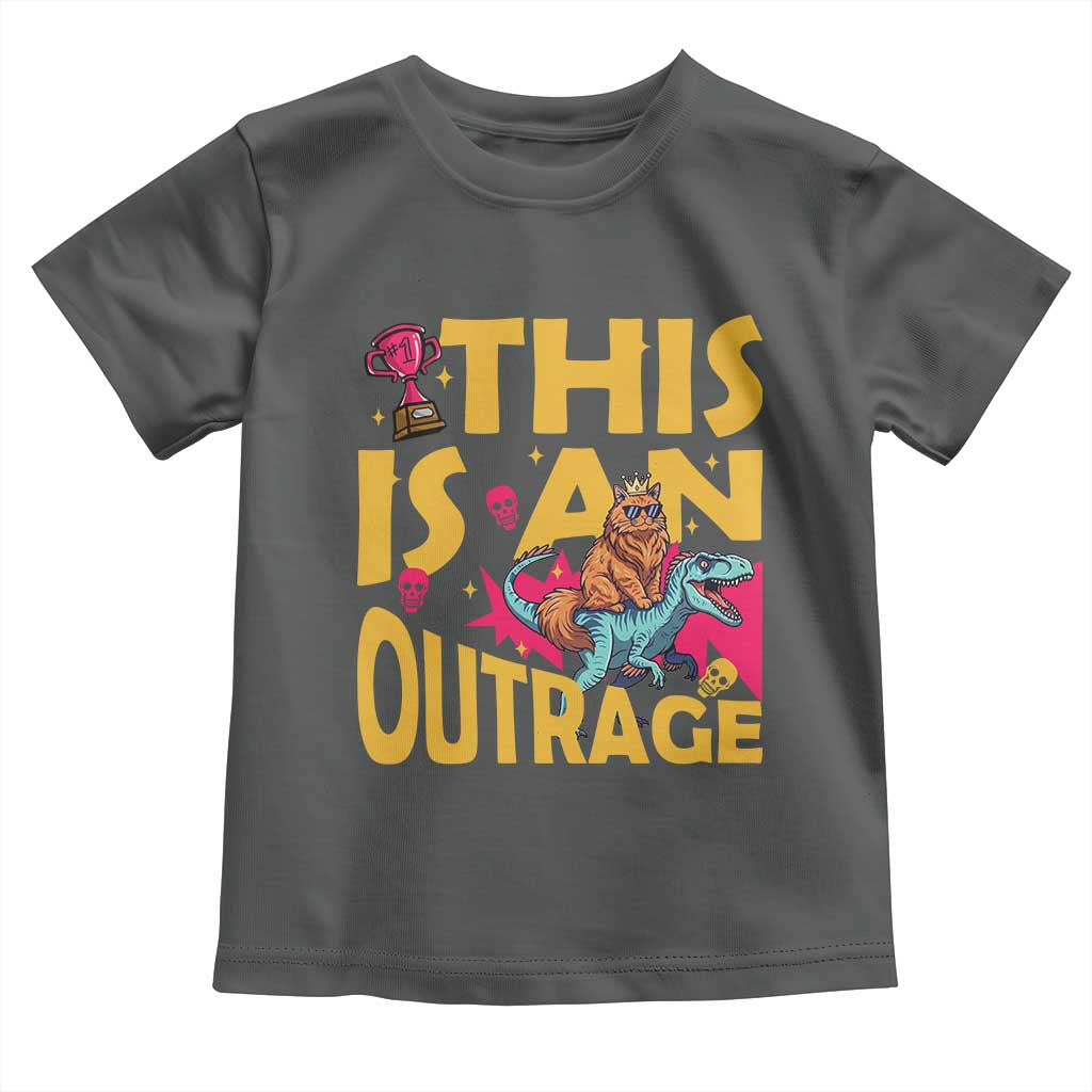 This Is An Outrage Sassy Cat Riding Raptor Dinosaur Toddler T Shirt Retro Pop Art Graphic