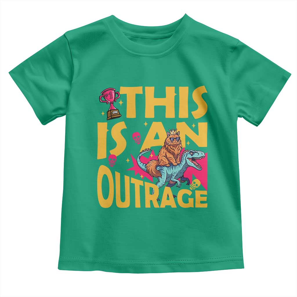 This Is An Outrage Sassy Cat Riding Raptor Dinosaur Toddler T Shirt Retro Pop Art Graphic