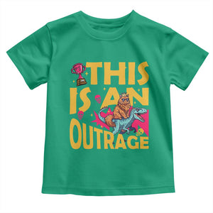 This Is An Outrage Sassy Cat Riding Raptor Dinosaur Toddler T Shirt Retro Pop Art Graphic