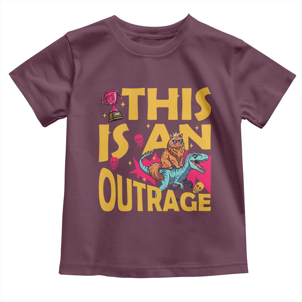 This Is An Outrage Sassy Cat Riding Raptor Dinosaur Toddler T Shirt Retro Pop Art Graphic