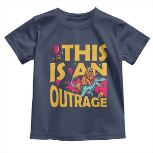 This Is An Outrage Sassy Cat Riding Raptor Dinosaur Toddler T Shirt Retro Pop Art Graphic