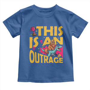 This Is An Outrage Sassy Cat Riding Raptor Dinosaur Toddler T Shirt Retro Pop Art Graphic