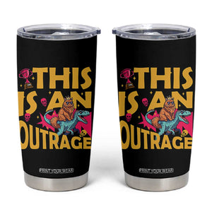 This Is An Outrage Sassy Cat Riding Raptor Dinosaur Tumbler Cup Retro Pop Art Graphic