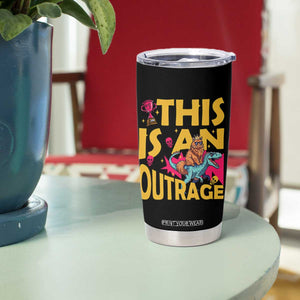This Is An Outrage Sassy Cat Riding Raptor Dinosaur Tumbler Cup Retro Pop Art Graphic