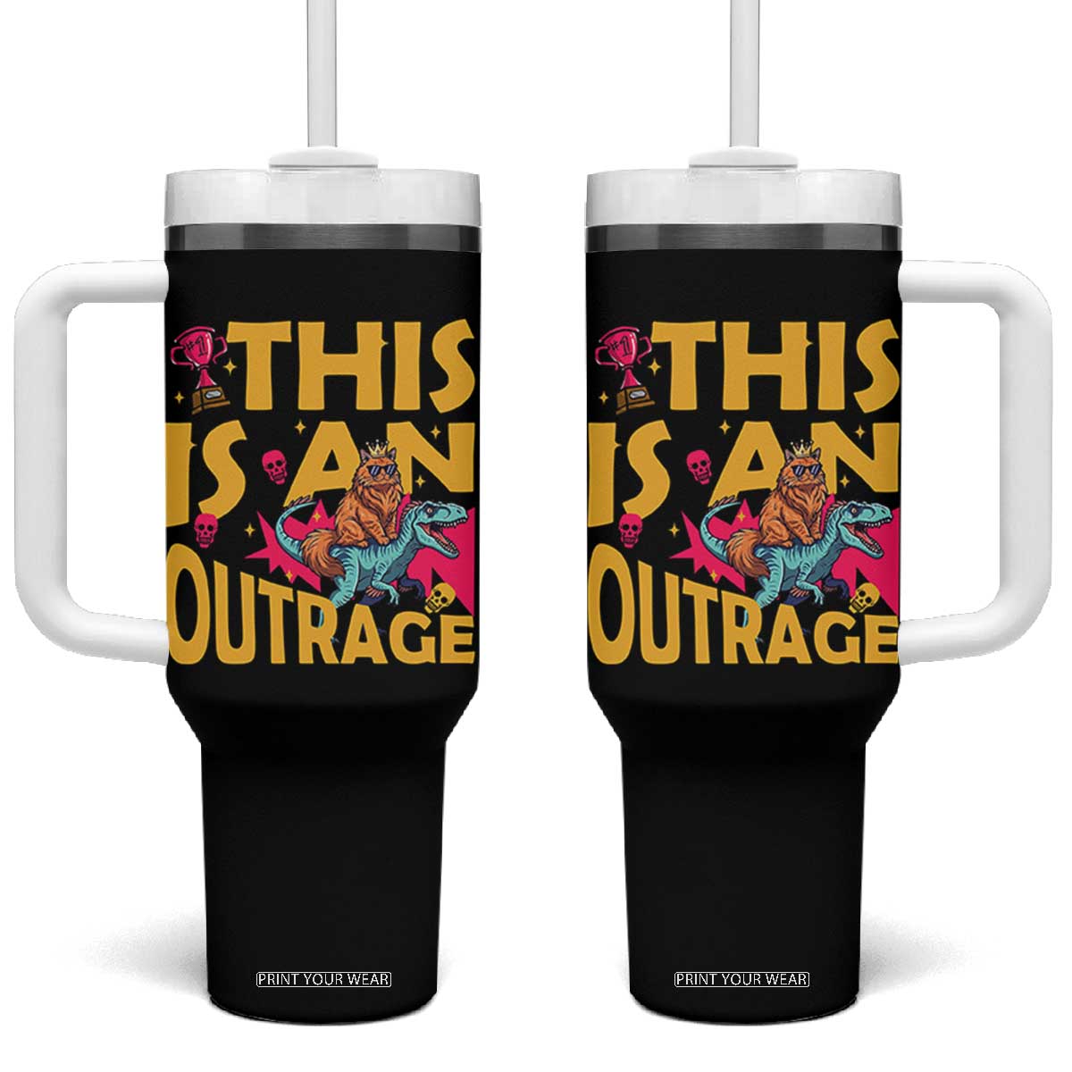 This Is An Outrage Sassy Cat Riding Raptor Dinosaur Tumbler With Handle Retro Pop Art Graphic