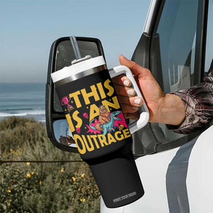 This Is An Outrage Sassy Cat Riding Raptor Dinosaur Tumbler With Handle Retro Pop Art Graphic