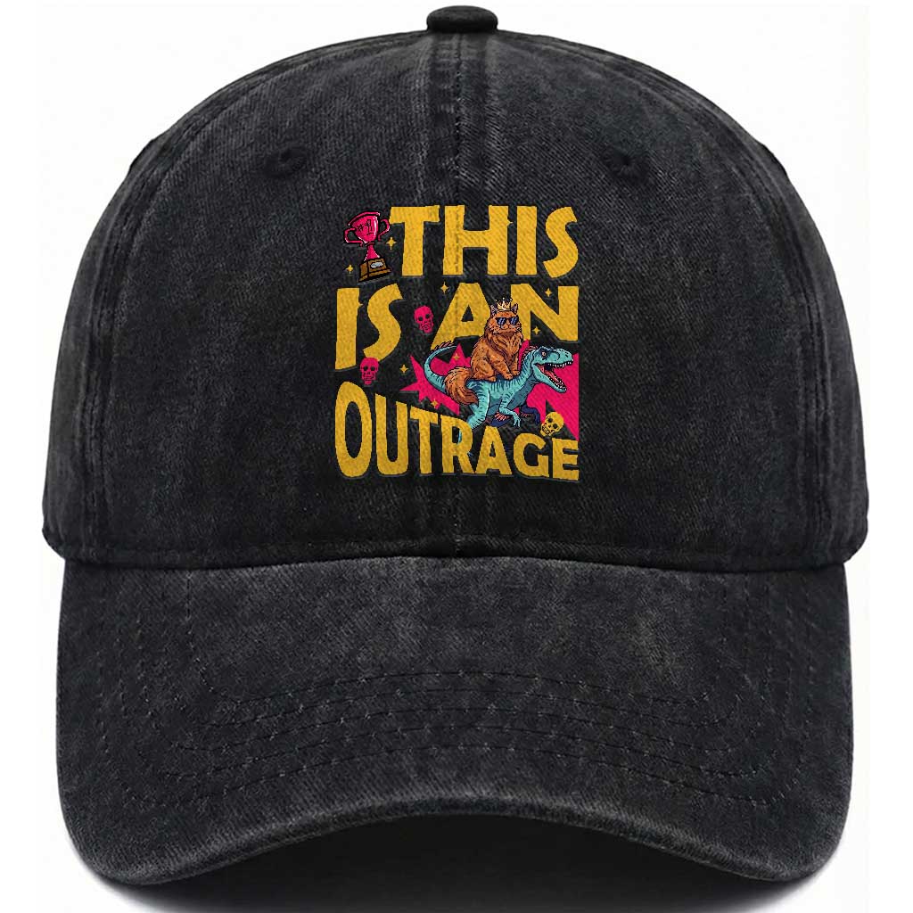 This Is An Outrage Sassy Cat Riding Raptor Dinosaur Washed Cotton Baseball Cap Retro Pop Art Graphic