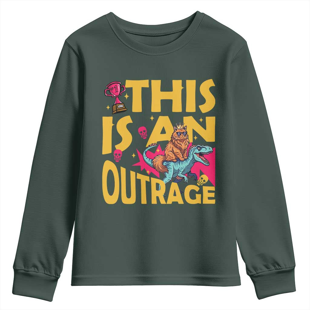 This Is An Outrage Sassy Cat Riding Raptor Dinosaur Youth Sweatshirt Retro Pop Art Graphic