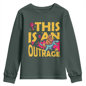 This Is An Outrage Sassy Cat Riding Raptor Dinosaur Youth Sweatshirt Retro Pop Art Graphic