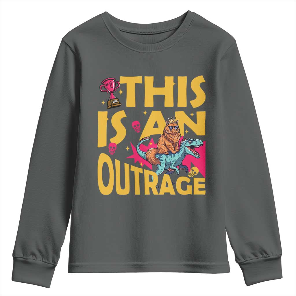 This Is An Outrage Sassy Cat Riding Raptor Dinosaur Youth Sweatshirt Retro Pop Art Graphic
