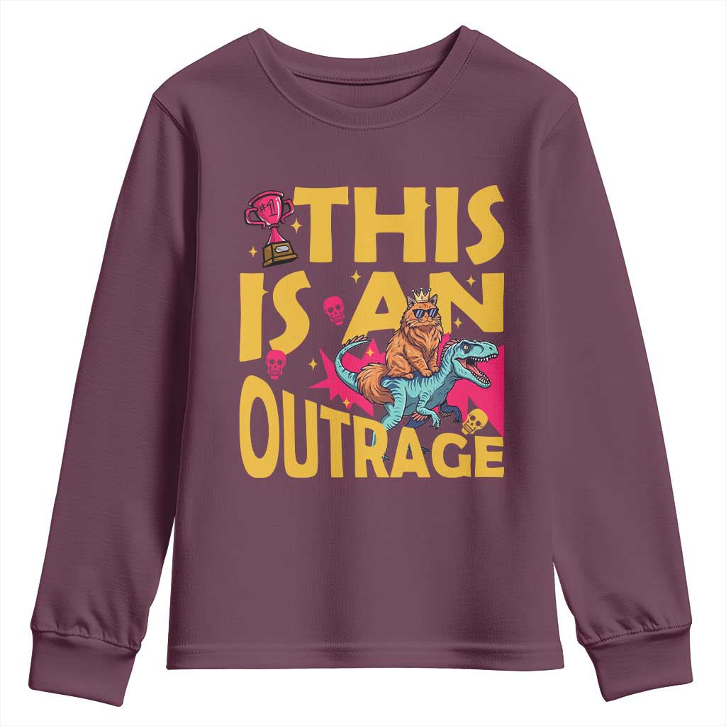 This Is An Outrage Sassy Cat Riding Raptor Dinosaur Youth Sweatshirt Retro Pop Art Graphic