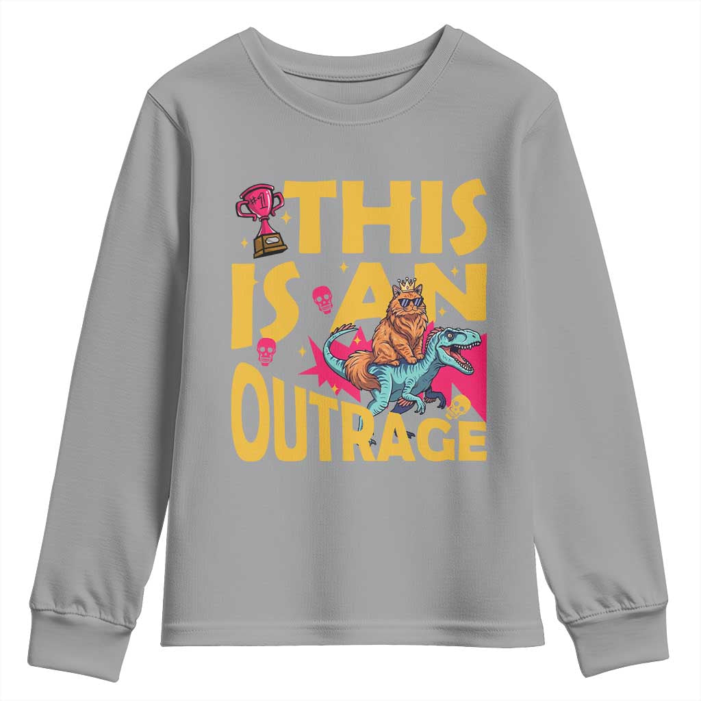 This Is An Outrage Sassy Cat Riding Raptor Dinosaur Youth Sweatshirt Retro Pop Art Graphic