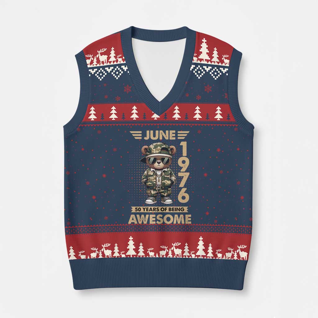 Cool Teddy Bear June 1976 50th Birthday V-Neck Knit Sweater Vest 50 Years Of Being Awesome Retro Streetwear Gift
