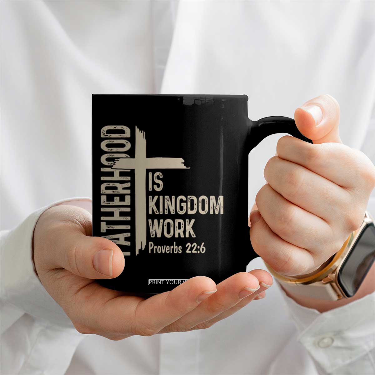 Fatherhood Is Kingdom Work Christian Dad Distressed Cross Coffee Mug Bible Verse Proverbs 22:6 Gift for Faith-Based Fathers