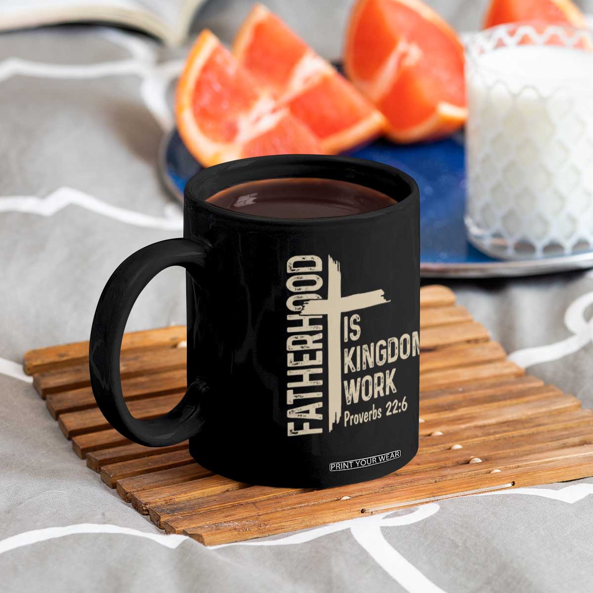 Fatherhood Is Kingdom Work Christian Dad Distressed Cross Coffee Mug Bible Verse Proverbs 22:6 Gift for Faith-Based Fathers