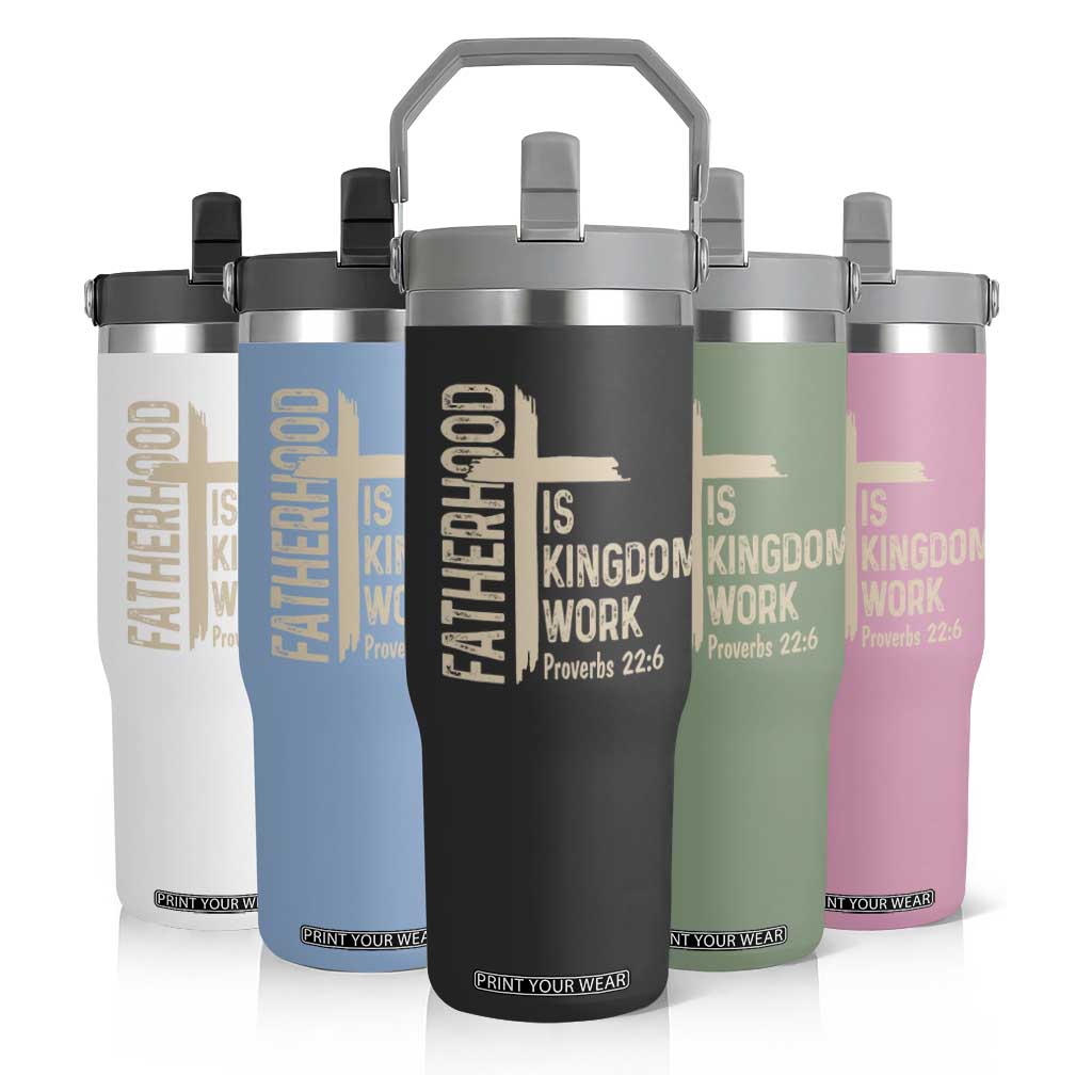 Fatherhood Is Kingdom Work Christian Dad Distressed Cross Flip Straw Tumbler Bible Verse Proverbs 22:6 Gift for Faith-Based Fathers