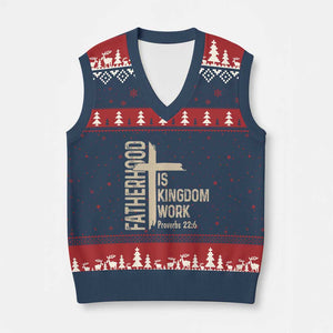 Fatherhood Is Kingdom Work Christian Dad Distressed Cross V-Neck Knit Sweater Vest Bible Verse Proverbs 22:6 Gift for Faith-Based Fathers