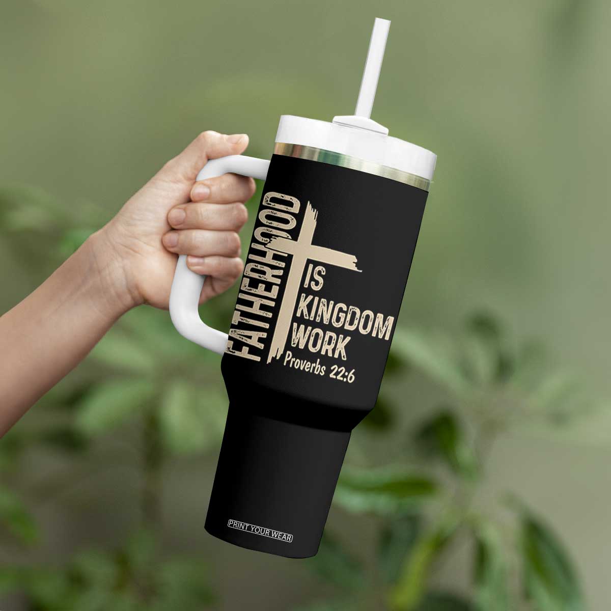Fatherhood Is Kingdom Work Christian Dad Distressed Cross Tumbler With Handle Bible Verse Proverbs 22:6 Gift for Faith-Based Fathers
