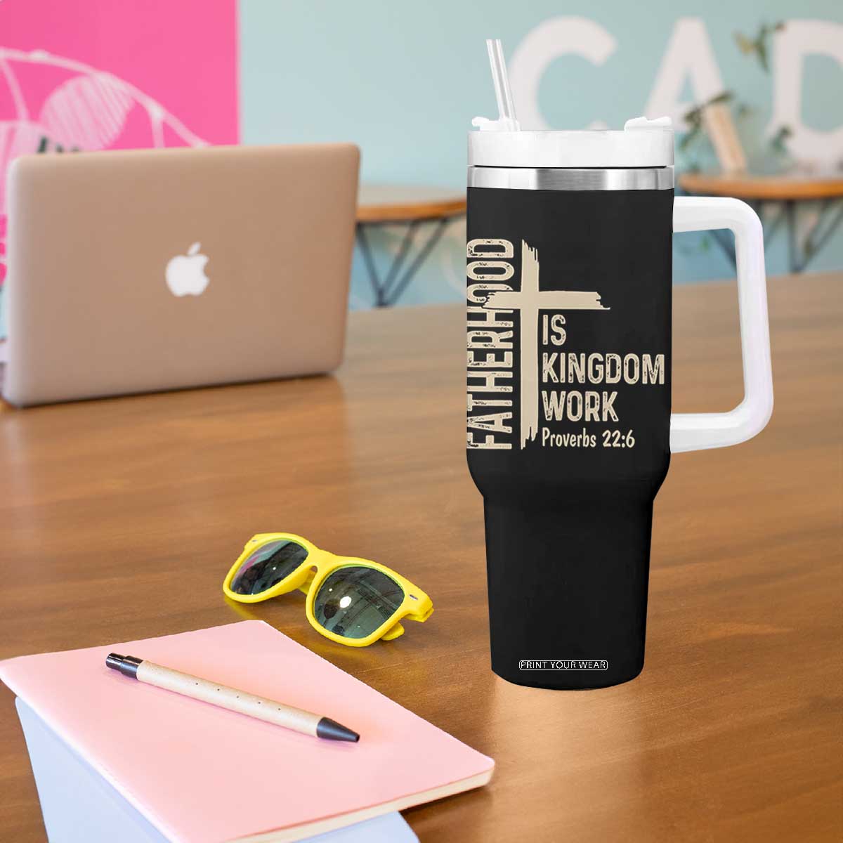 Fatherhood Is Kingdom Work Christian Dad Distressed Cross Tumbler With Handle Bible Verse Proverbs 22:6 Gift for Faith-Based Fathers