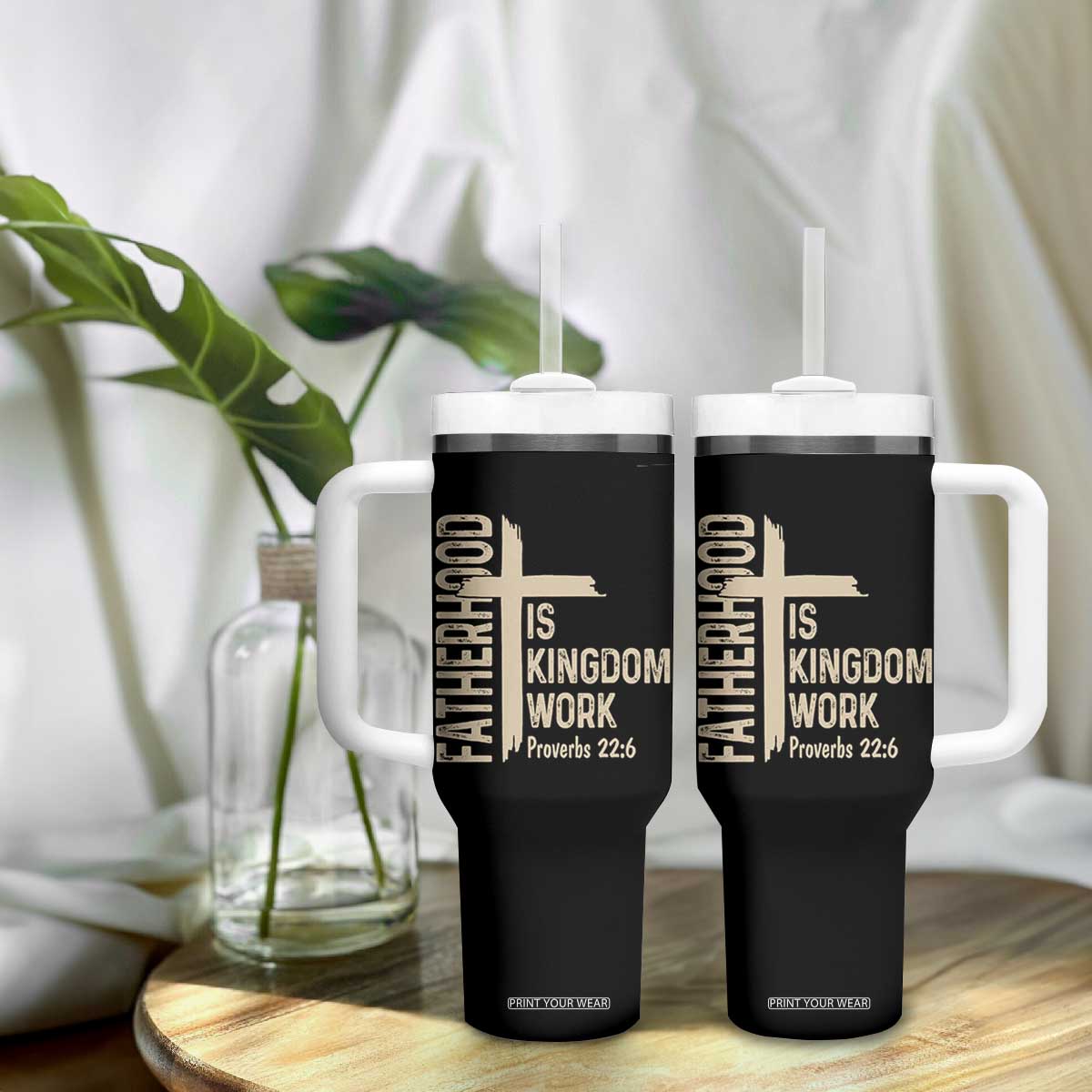Fatherhood Is Kingdom Work Christian Dad Distressed Cross Tumbler With Handle Bible Verse Proverbs 22:6 Gift for Faith-Based Fathers