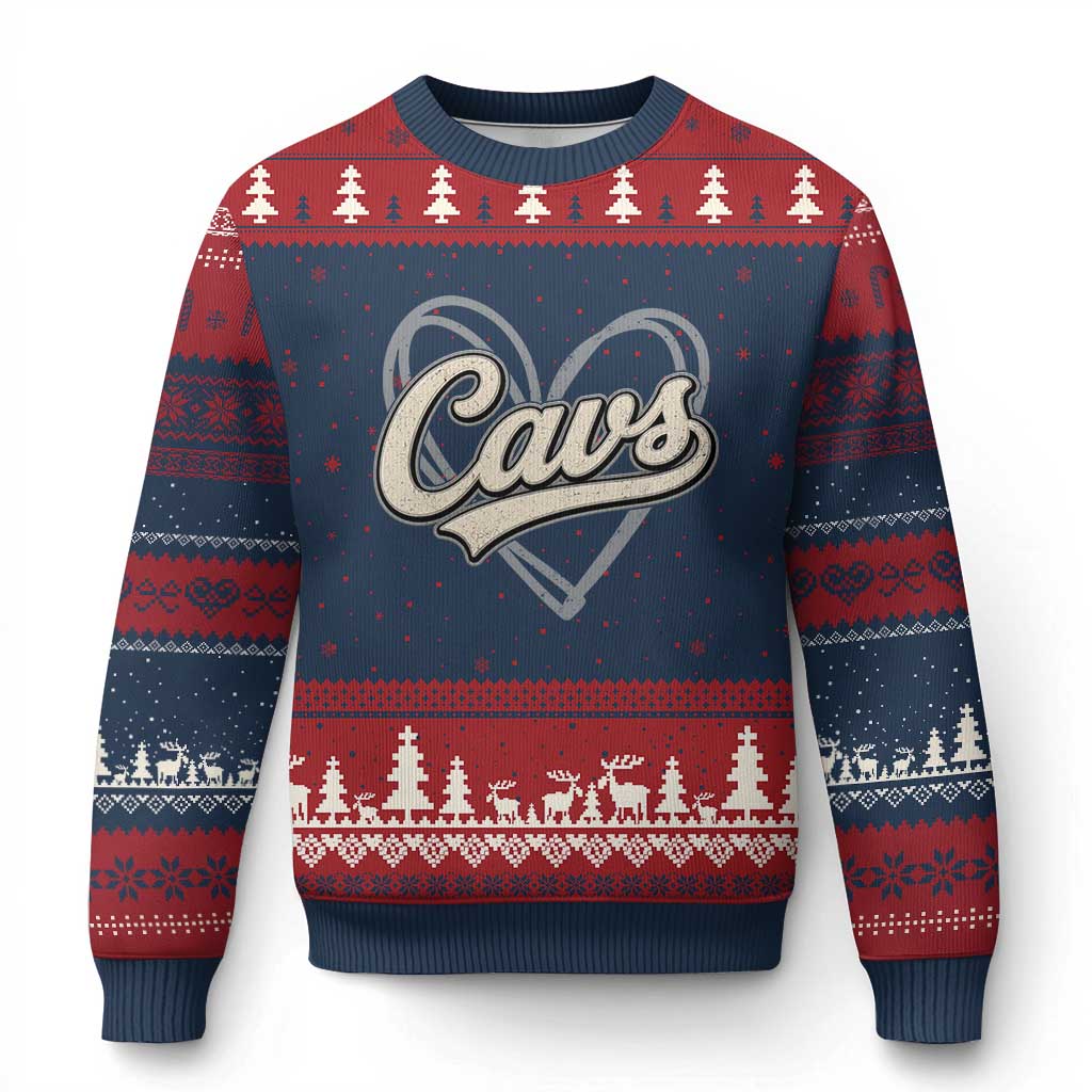 Vintage Cavs Name Script Heart Ugly Christmas Sweater for Sports Fan TS02 Navy Red Print Your Wear