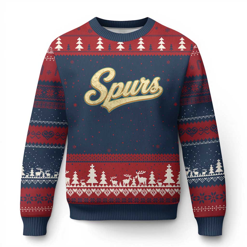 Vintage Spurs Name Script Ugly Christmas Sweater for Sports Fan TS02 Navy Red Print Your Wear