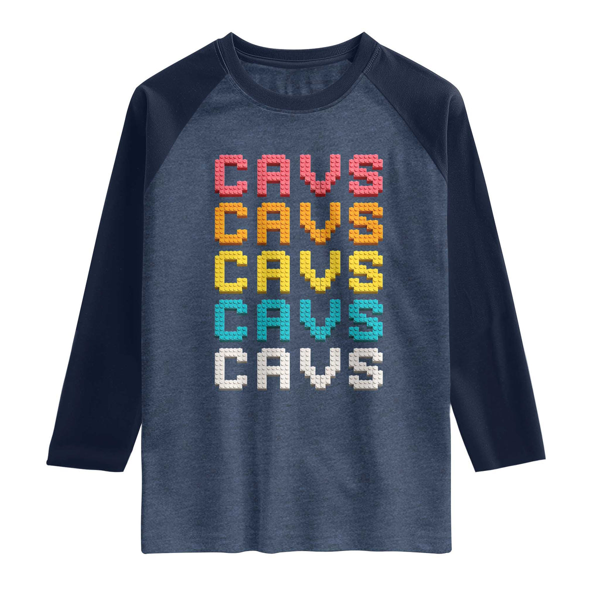 Retro Stacked Block Cavs Name Colorful Toy Brick Raglan Shirt for Sports Fan