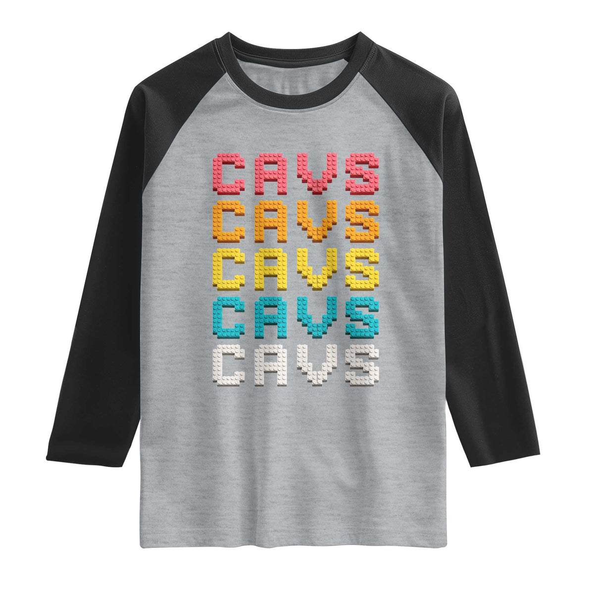 Retro Stacked Block Cavs Name Colorful Toy Brick Raglan Shirt for Sports Fan