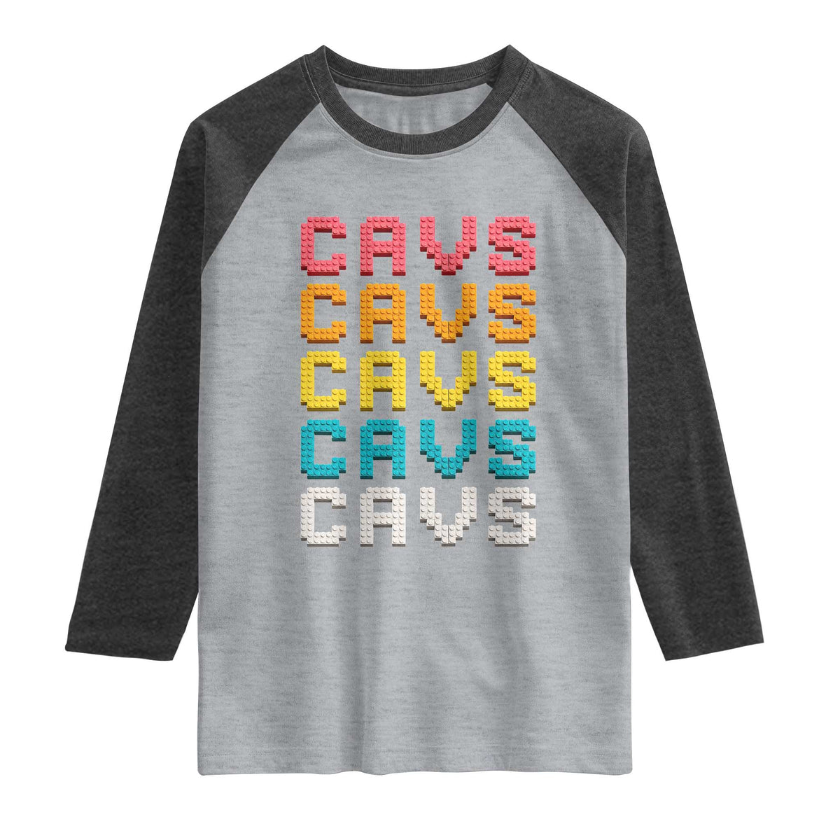Retro Stacked Block Cavs Name Colorful Toy Brick Raglan Shirt for Sports Fan