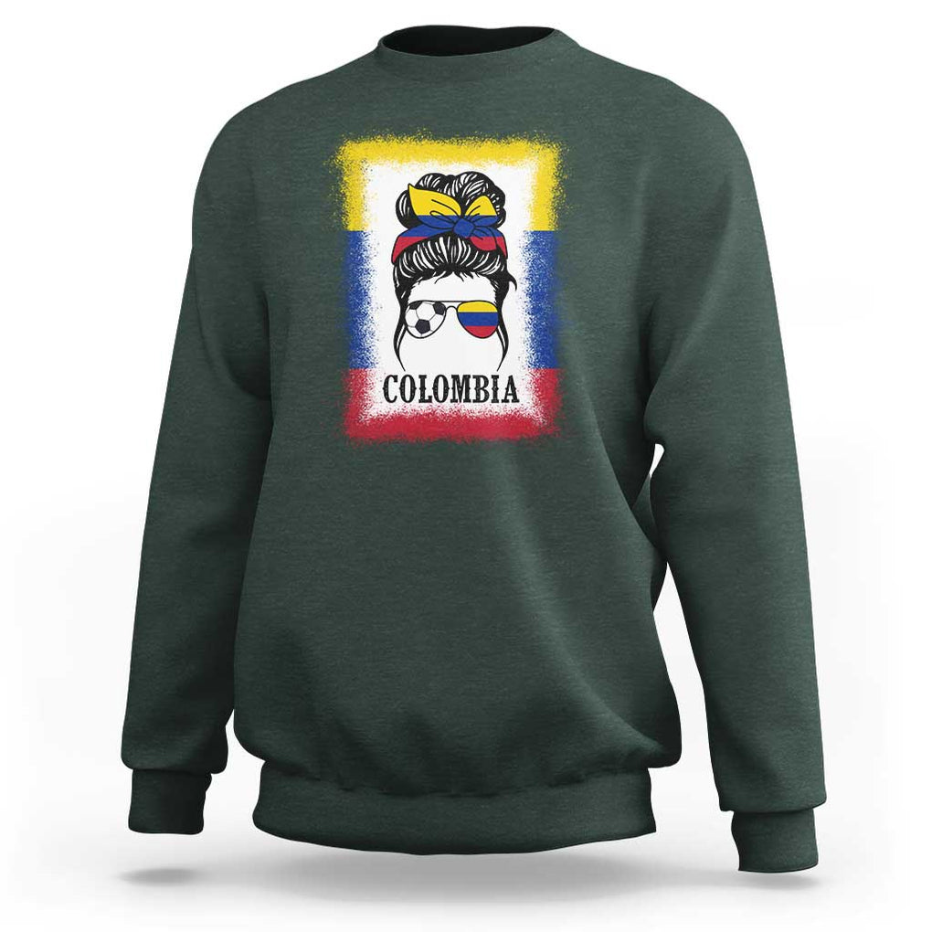 Colombia Football Sweatshirt Colombian Messy Bun Futbol Lover Bleached TS02 Dark Forest Green Print Your Wear