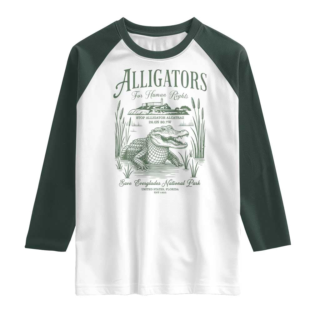 Alligators for Human Rights Raglan Shirt Save Everglades Alcatraz TS02 White Dark Forest Green Print Your Wear
