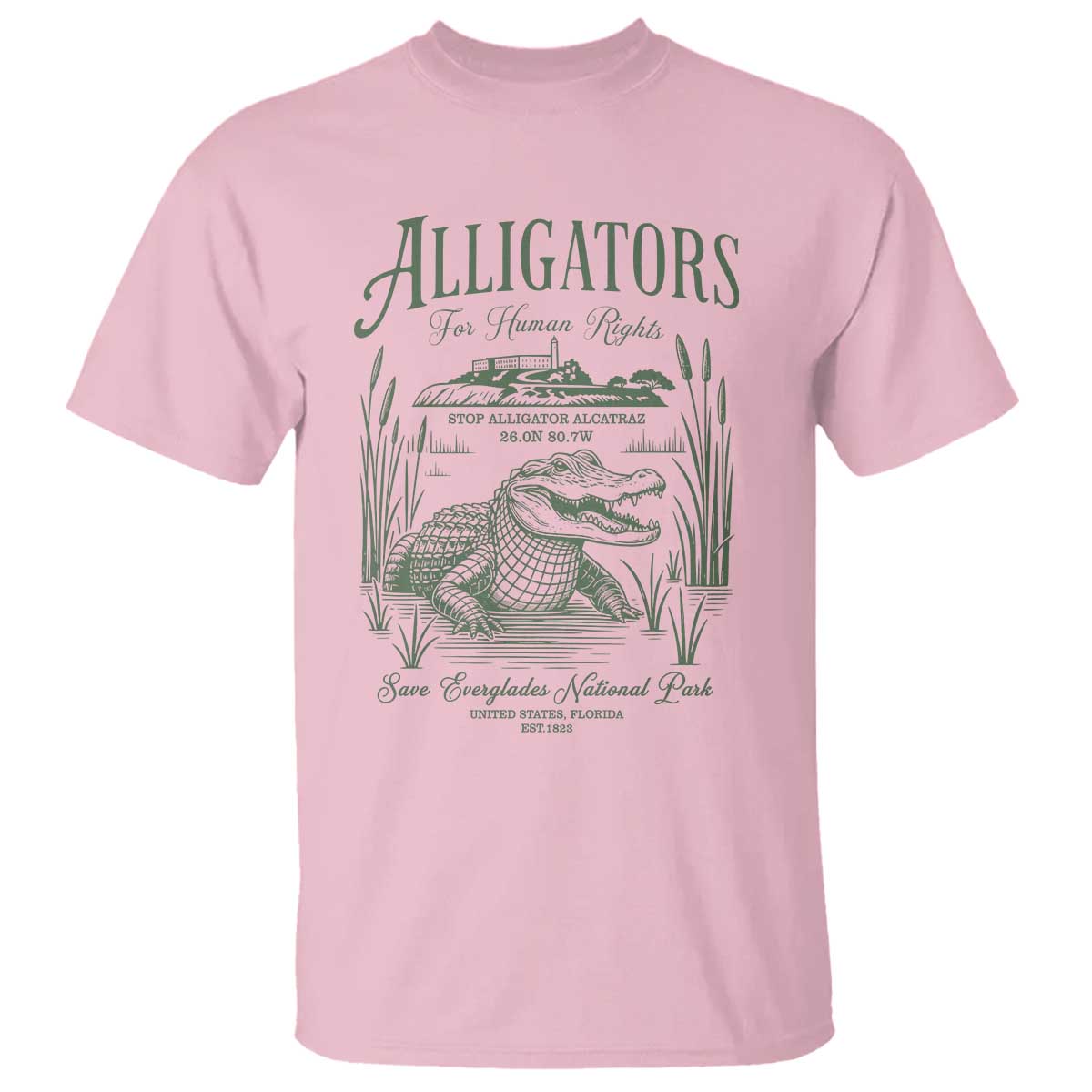 Alligators for Human Rights T Shirt Save Everglades Alcatraz TS02 Light Pink Print Your Wear