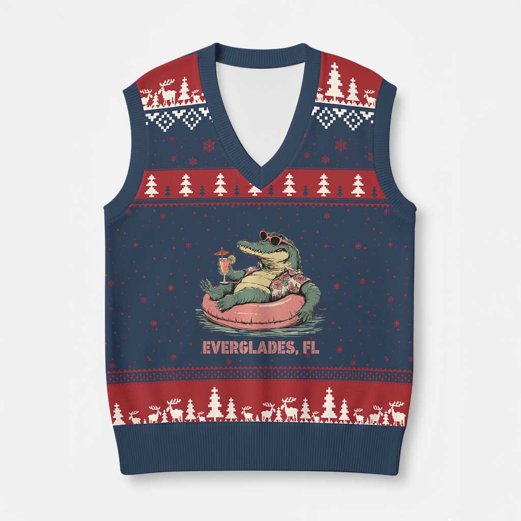 Funny Tropical Alligator V-Neck Knit Sweater Vest Everglades Florida FL Summer Vibe TS02 Navy Red Print Your Wear