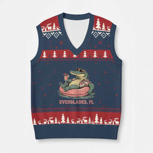 Funny Tropical Alligator V-Neck Knit Sweater Vest Everglades Florida FL Summer Vibe TS02 Navy Red Print Your Wear