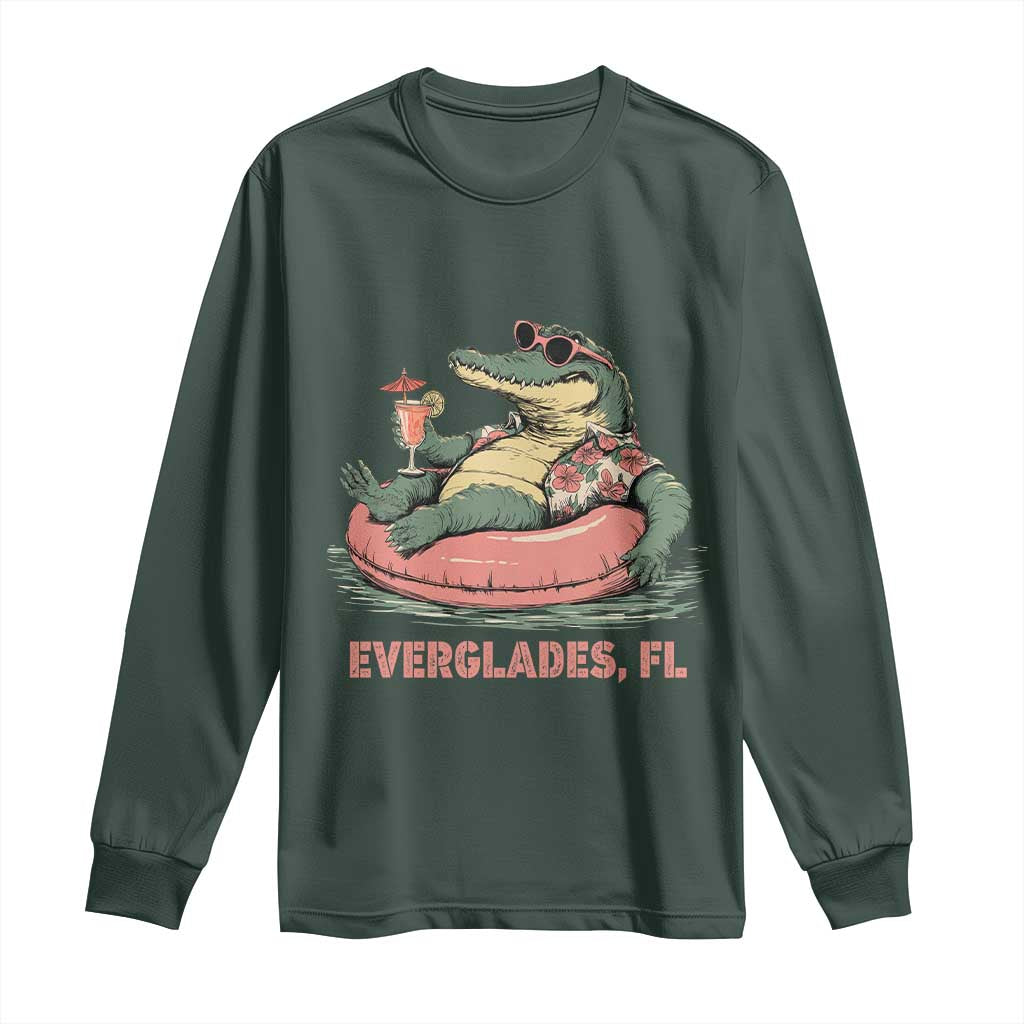 Funny Tropical Alligator Long Sleeve Shirt Everglades Florida FL Summer Vibe TS02 Dark Forest Green Print Your Wear