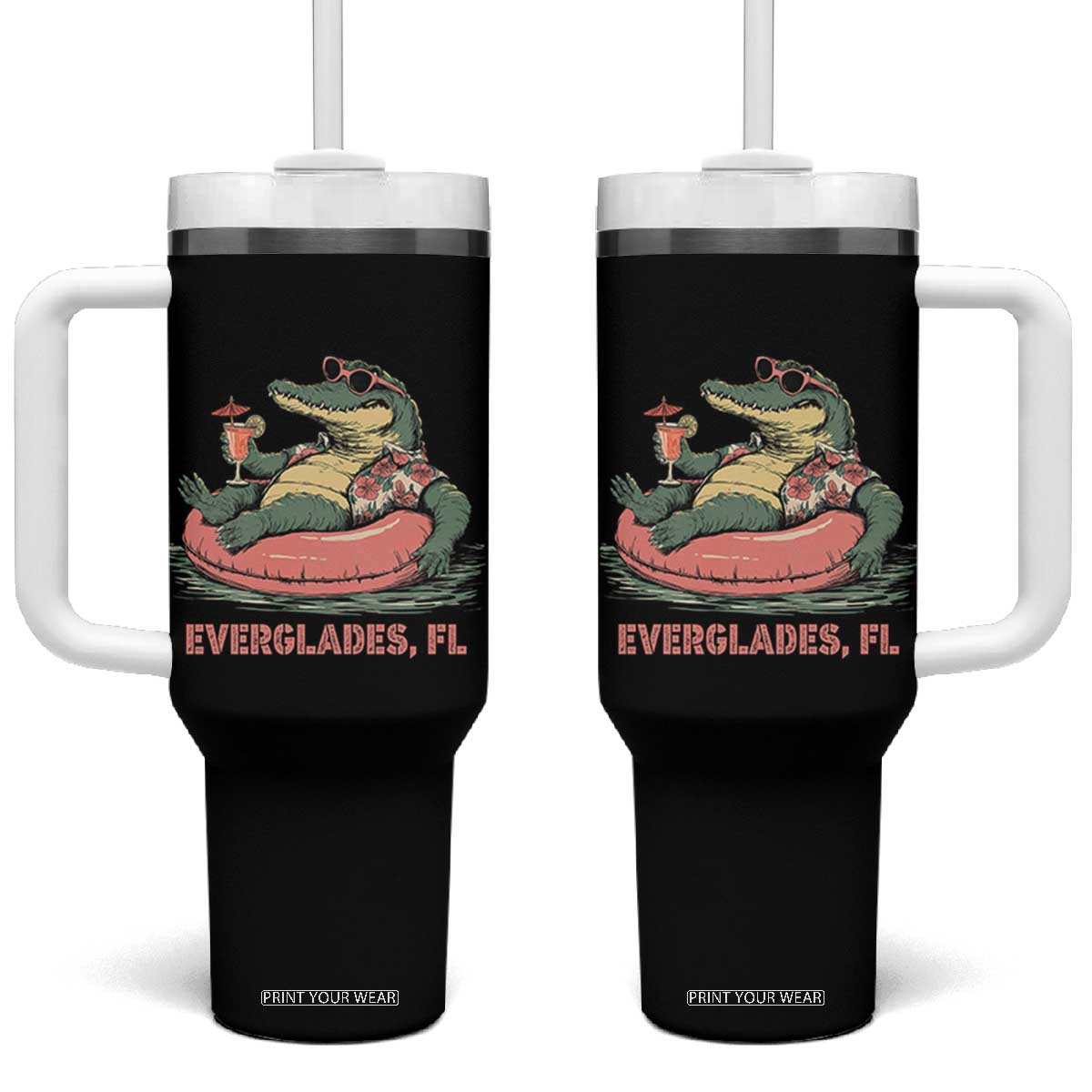 Funny Tropical Alligator Tumbler With Handle Everglades Florida FL Summer Vibe TS02 One Size: 40 oz Black Print Your Wear