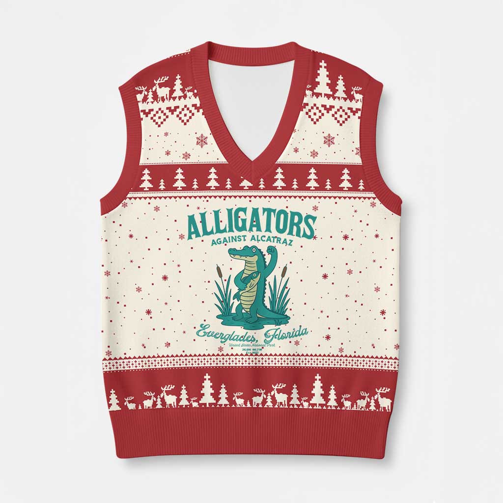Alligators Against Alcatraz V-Neck Knit Sweater Vest Everglades Florida for Human Rights TS02 Beige Red Print Your Wear