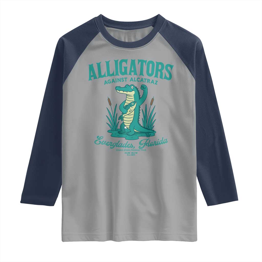 Alligators Against Alcatraz Raglan Shirt Everglades Florida for Human Rights TS02 Sport Gray Navy Print Your Wear