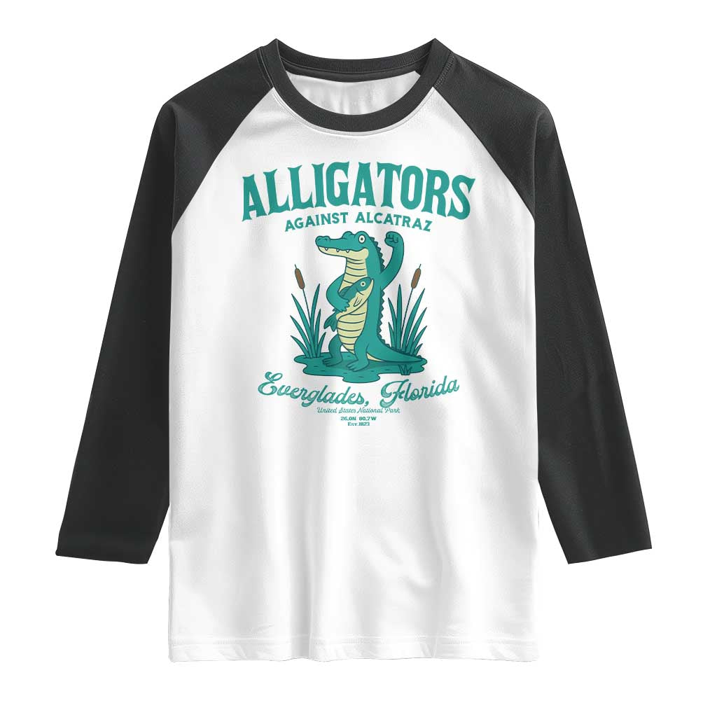 Alligators Against Alcatraz Raglan Shirt Everglades Florida for Human Rights TS02 White Black Print Your Wear