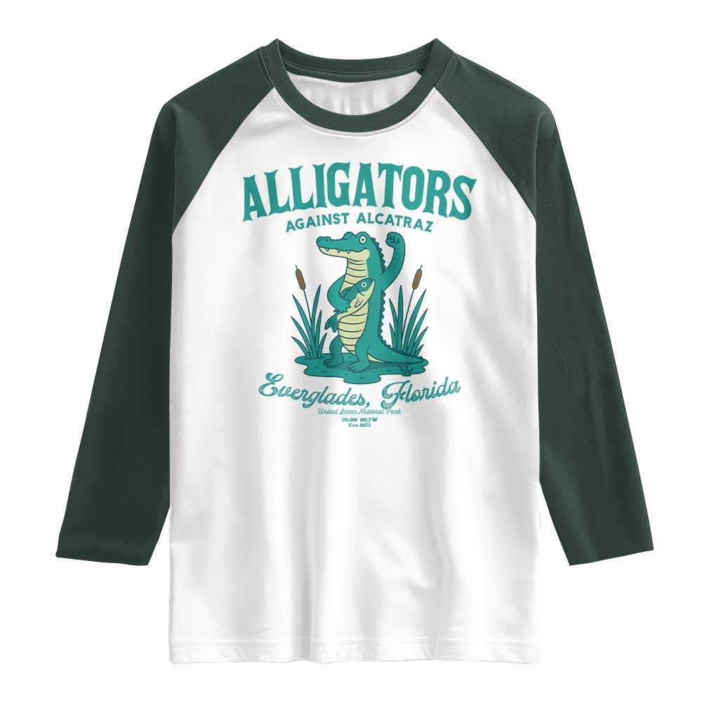 Alligators Against Alcatraz Raglan Shirt Everglades Florida for Human Rights TS02 White Dark Forest Green Print Your Wear