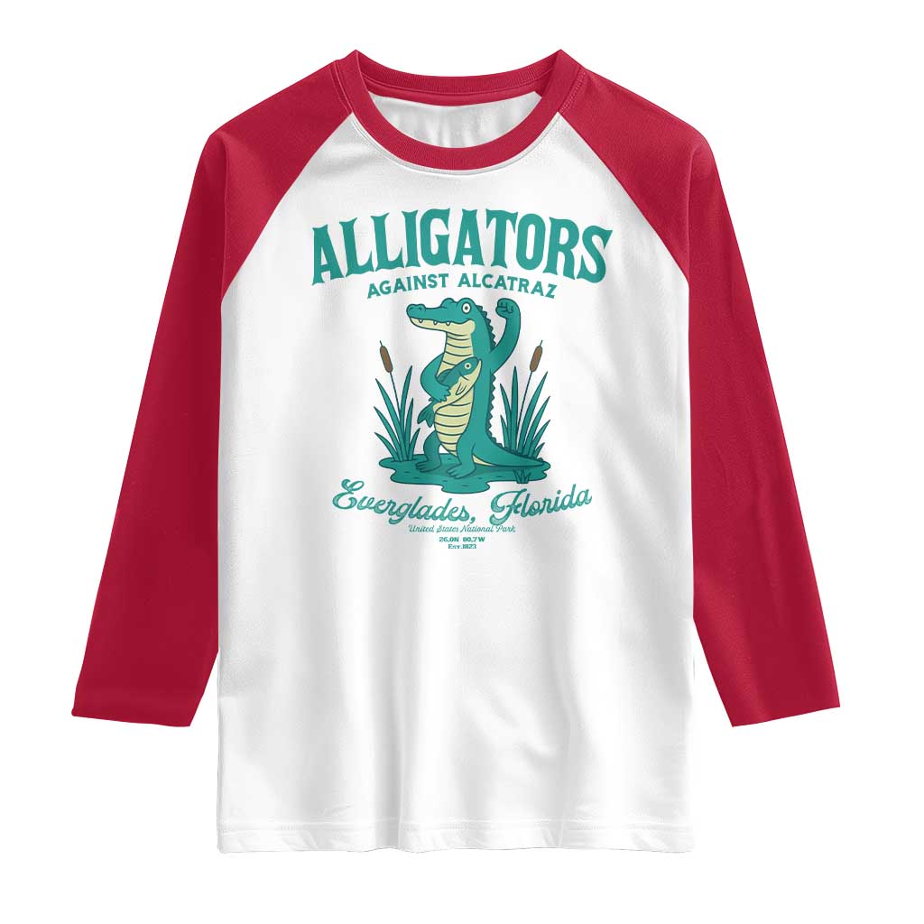 Alligators Against Alcatraz Raglan Shirt Everglades Florida for Human Rights TS02 White Red Print Your Wear