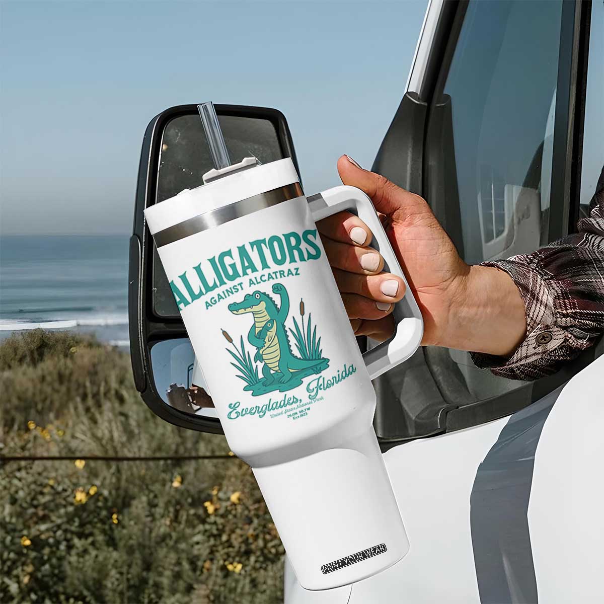 Alligators Against Alcatraz Tumbler With Handle Everglades Florida for Human Rights TS02 Print Your Wear