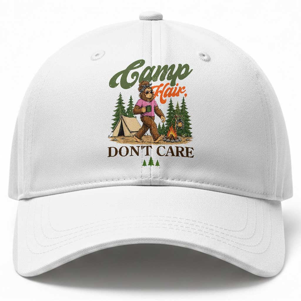 Vintage Funny Girly Bigfoot Camper Baseball Cap Camp Hair Don't Care Sasquatch Camping Outdoor Adventure TS02 Print Your Wear